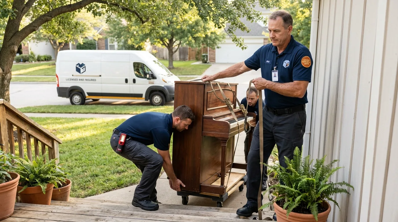 Licensed piano movers securing grand piano in Hill City, KS