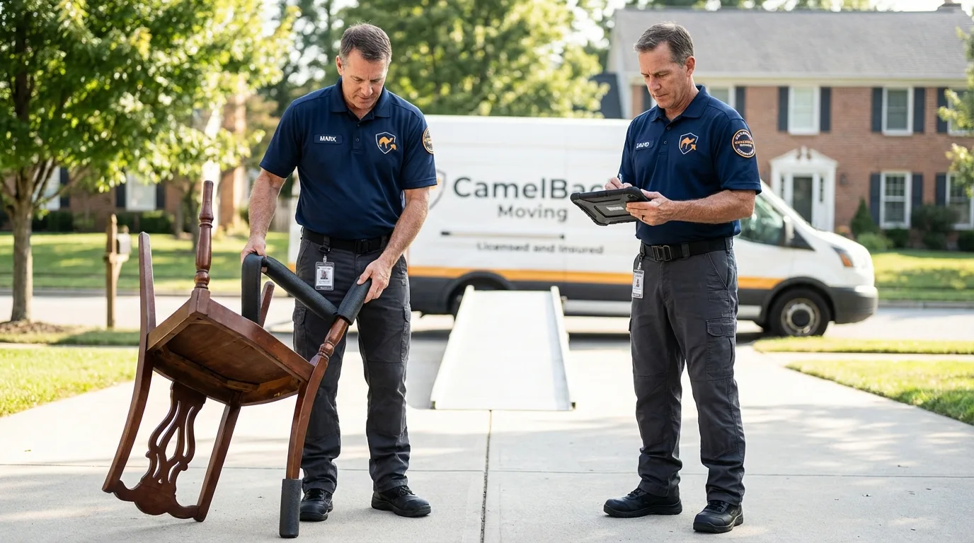 Movers inspecting furniture for damage prevention before loading in Hill City, KS