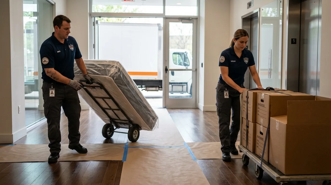 Professional apartment movers loading elevator in Hill City, KS