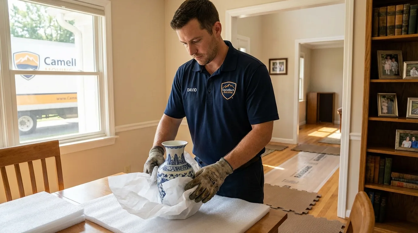 Professional crew carefully wrapping antique vase for senior downsizing move in Hill City, KS